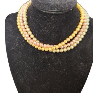 Vintage Multi-Colored 3 strand Faux Pearl Choker Necklace Adjustable Clasp 14"
